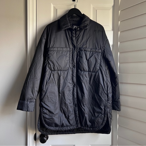 Zara Oversized WATER REPELLENT OVERSHIRT SHACKET Women's Black Quilted Jacket - Picture 6 of 13